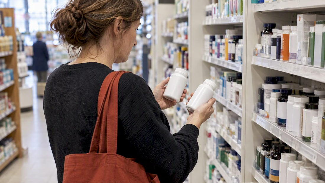 Shopper comparing probiotic supplement bottles