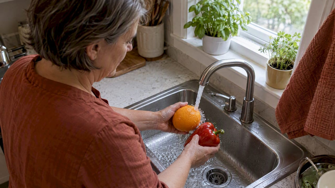 Woman rinsing an orange and bell pepper