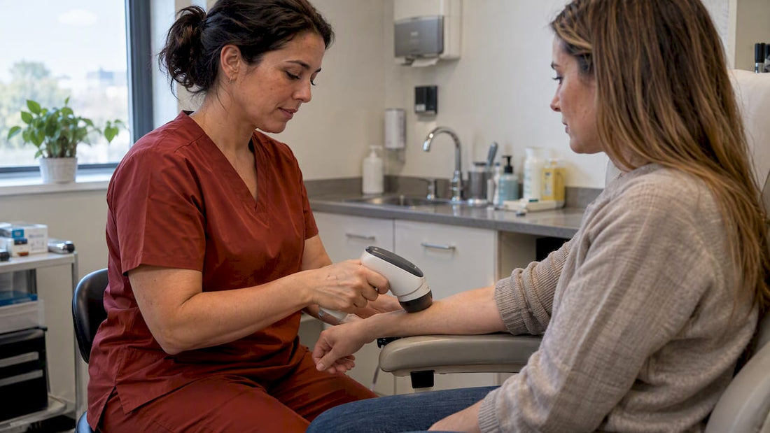 Clinician measuring skin autofluorescence on forearm