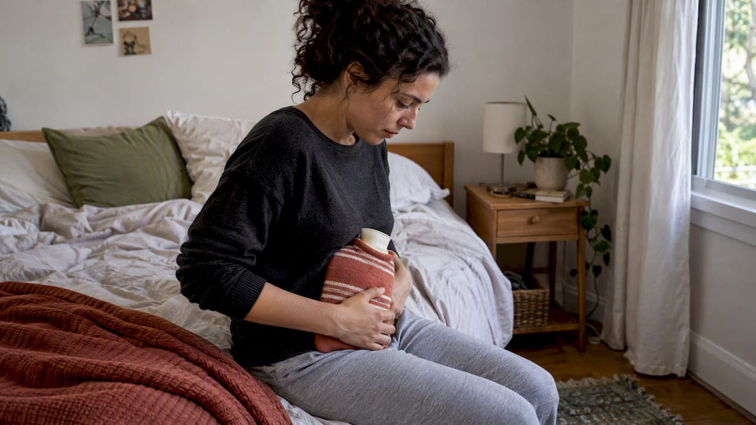 Woman applying a wrapped hot water bottle