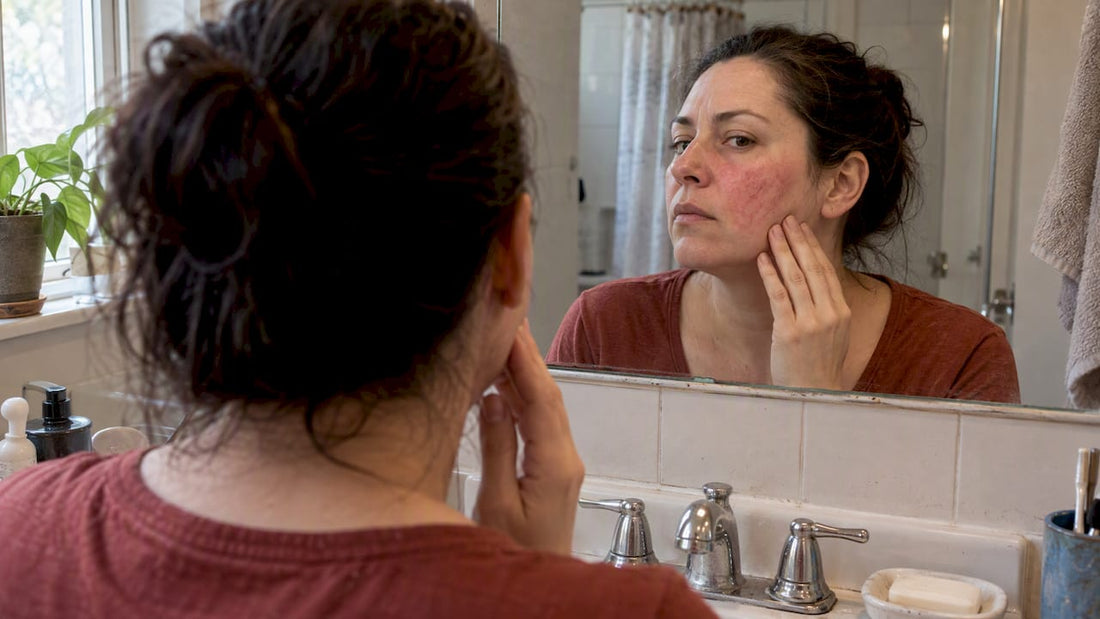 Woman examining facial redness in mirror