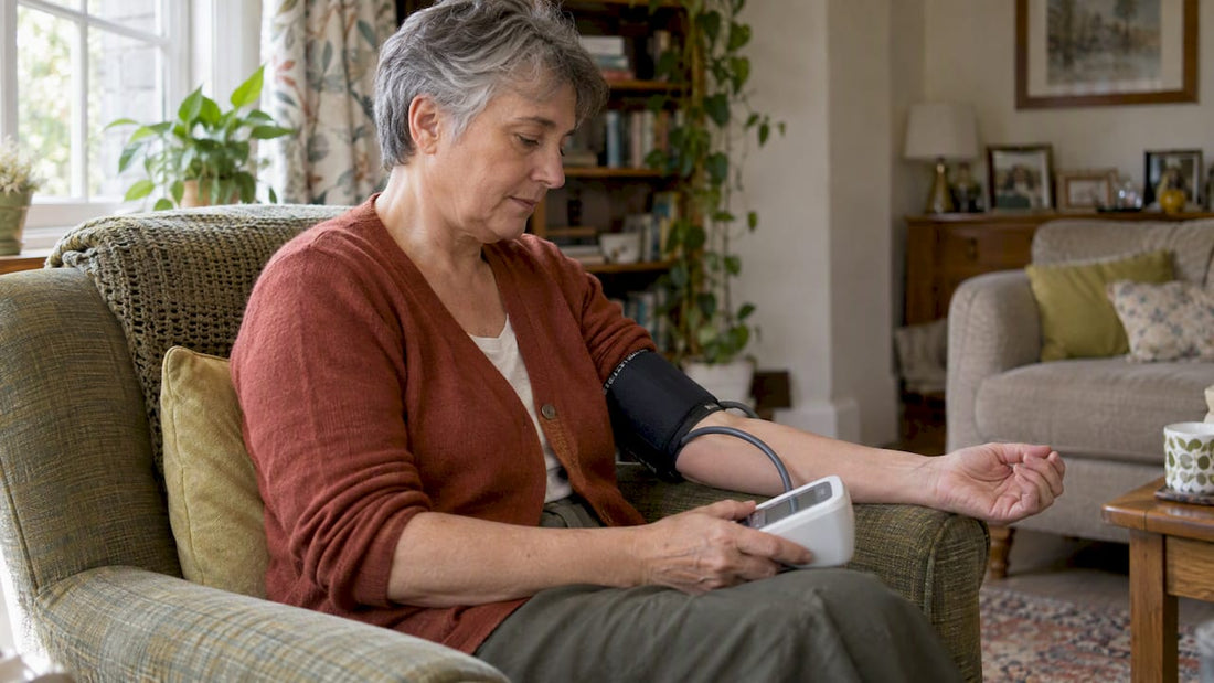 Person checking blood pressure with an upper-arm cuff